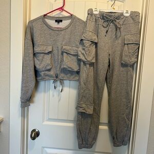 Privy Gray Two-Piece Pocketed Lounge Set Size Small Crop Top & Drawstrings